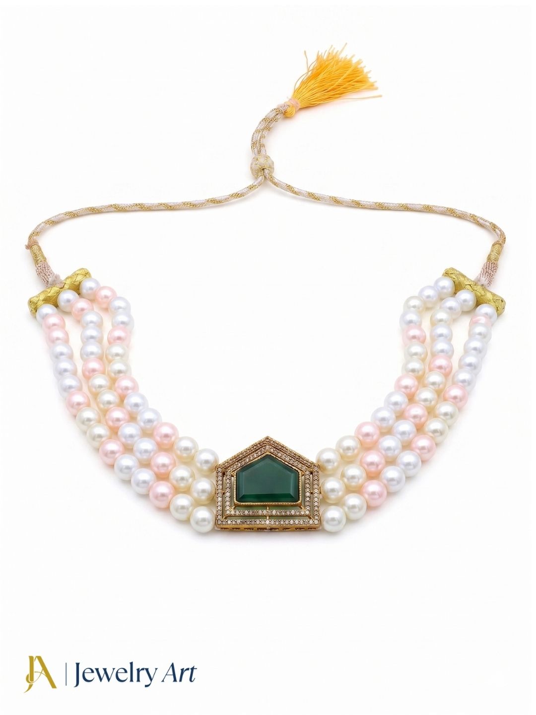 Stunning Antique Gold Plated AD-Green Glass Stone-Pearl Choker Necklace