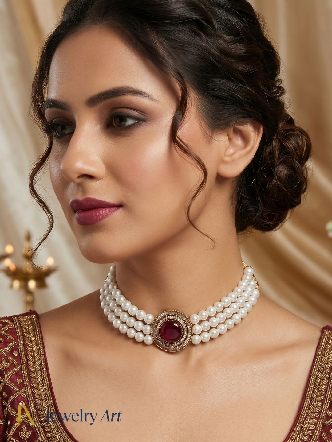 Red glass stone pearl choker necklace with antique gold finish
