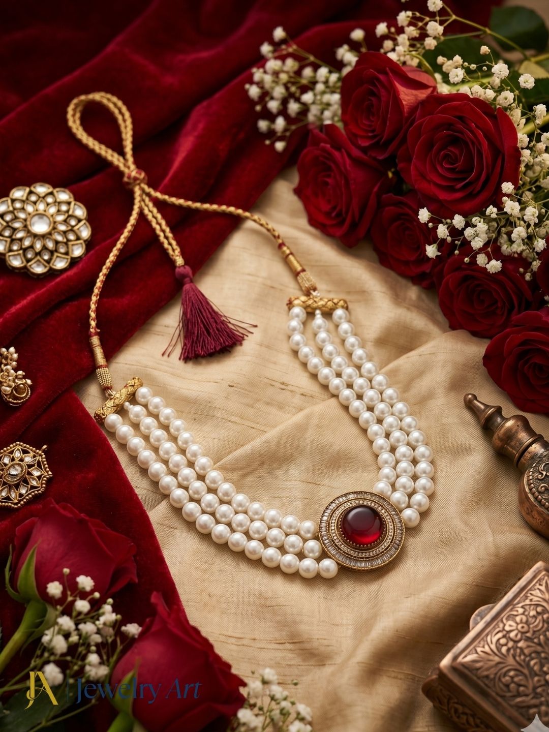Awesome Antique Gold Plated AD-Red Glass Stone-Pearl Choker Necklace