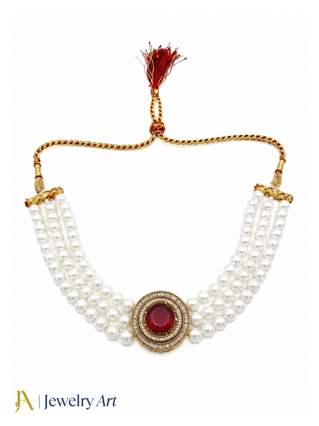 Awesome Antique Gold Plated AD-Red Glass Stone-Pearl Choker Necklace
