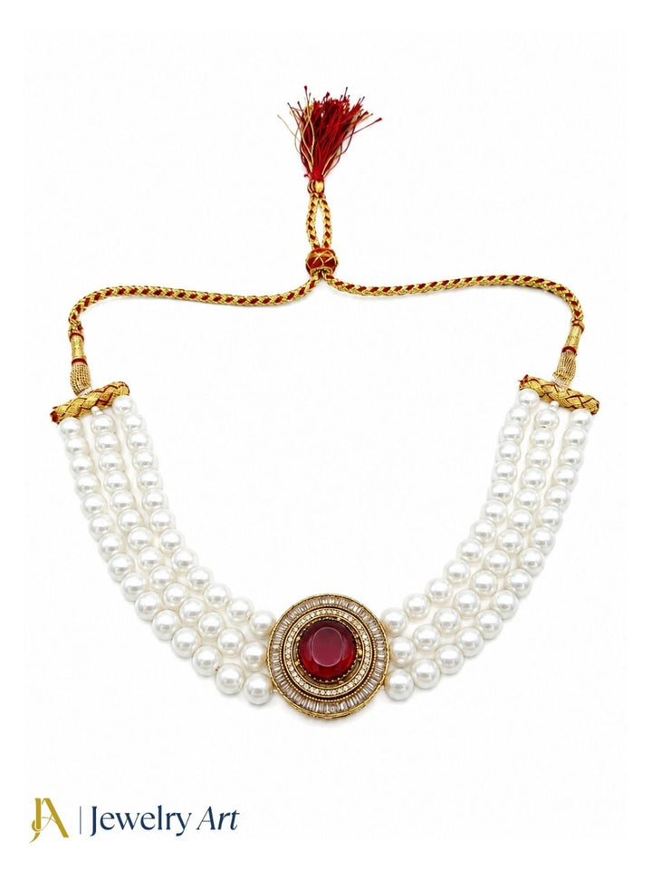 Awesome Antique Gold Plated AD-Red Glass Stone-Pearl Choker Necklace