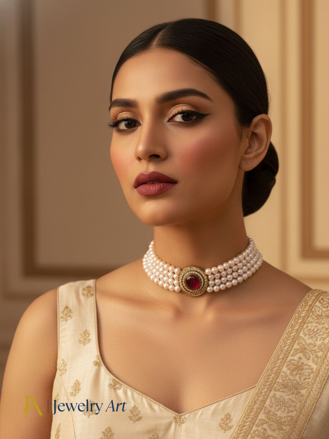 Elegant designer choker necklace with antique gold plating and pearl accents
