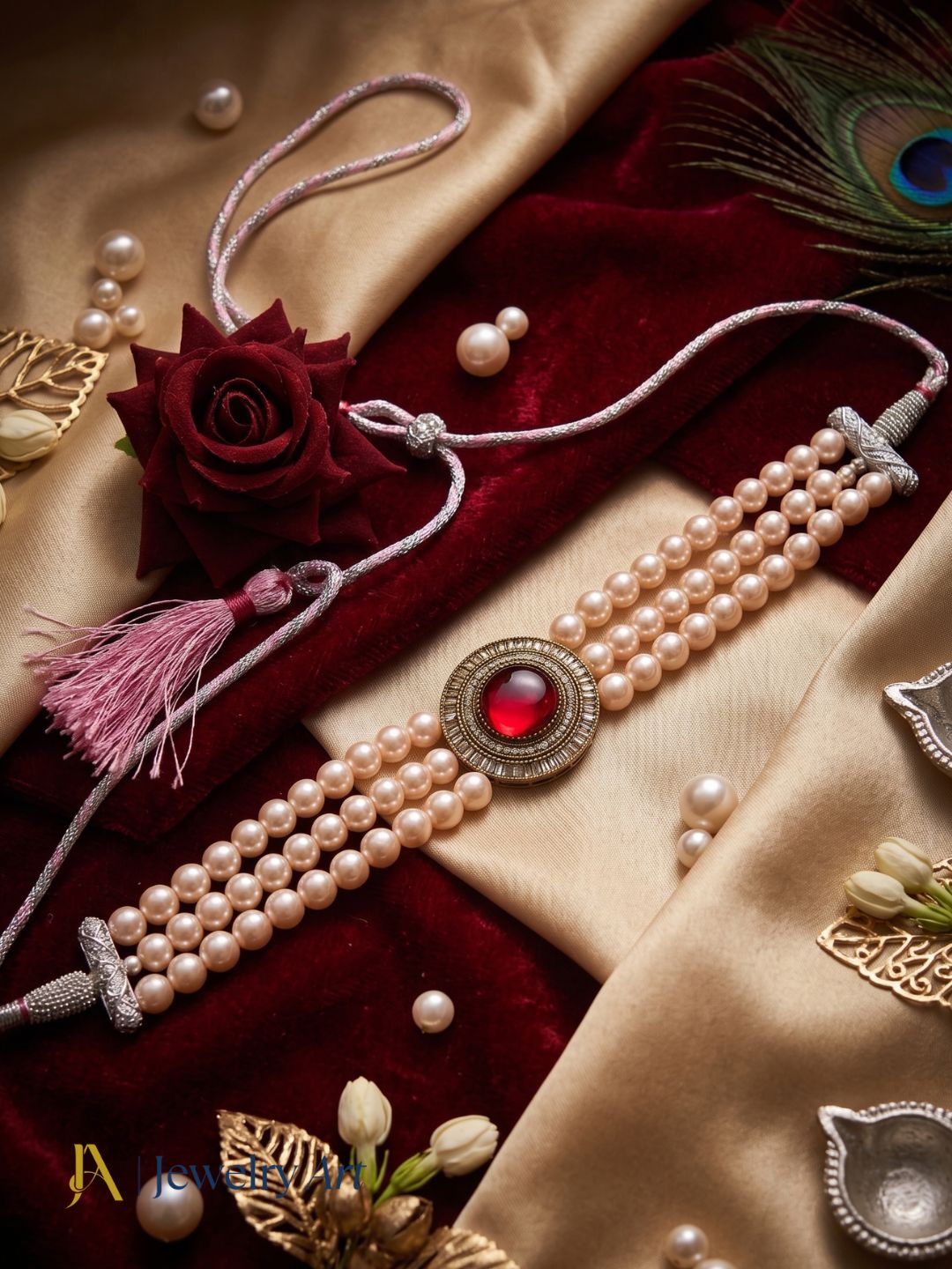 Elegant designer choker necklace with antique gold plating and pearl accents
