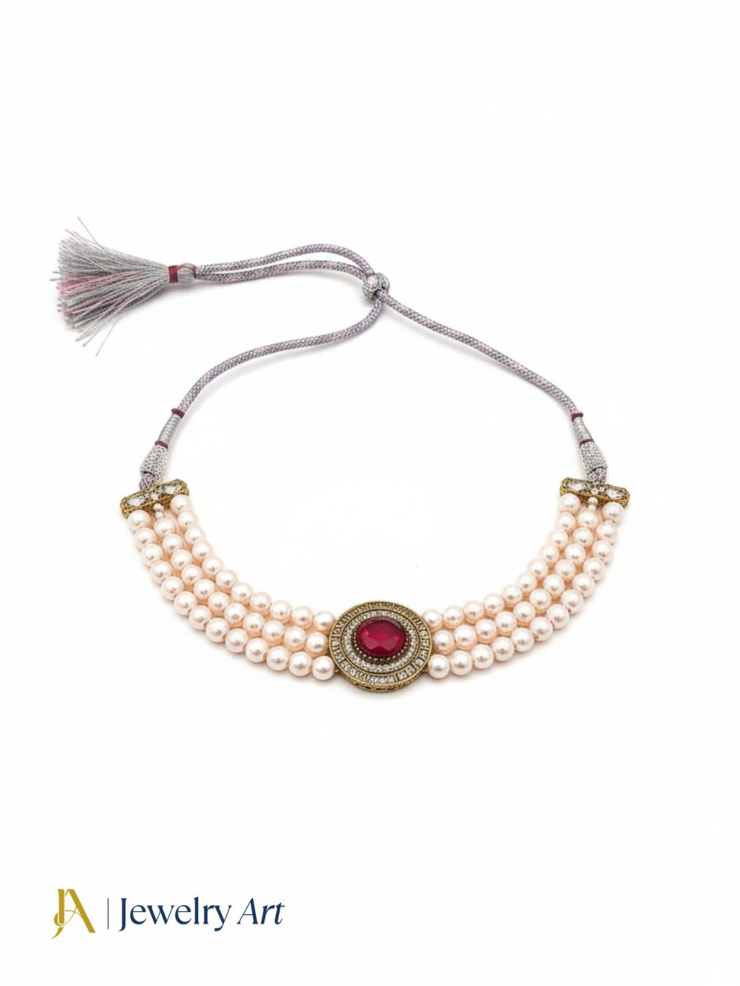 Elegant designer choker necklace with antique gold plating and pearl accents
