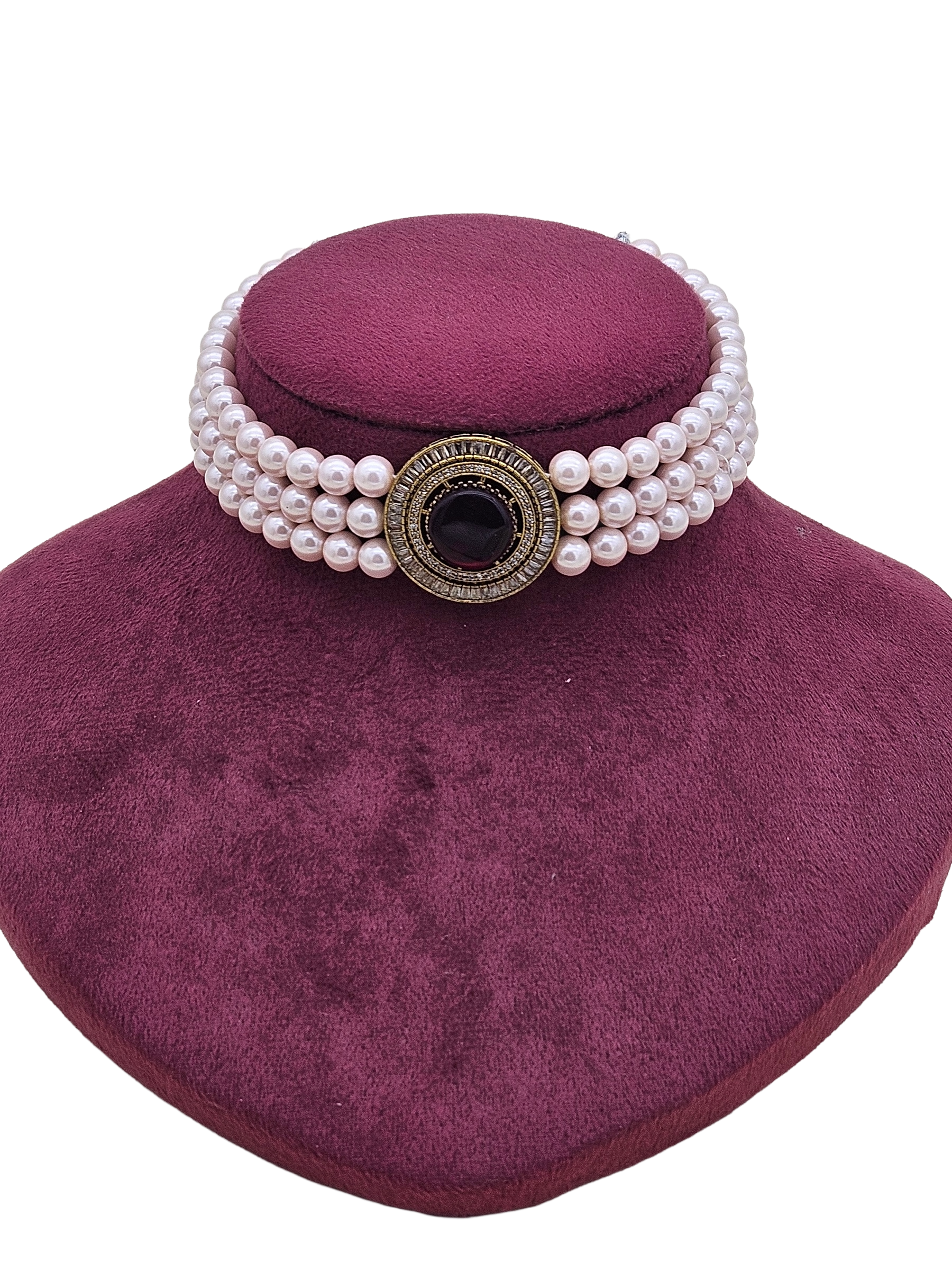 Awesome Antique Gold Plated AD-Red Glass Stone-Pearl Choker Necklace