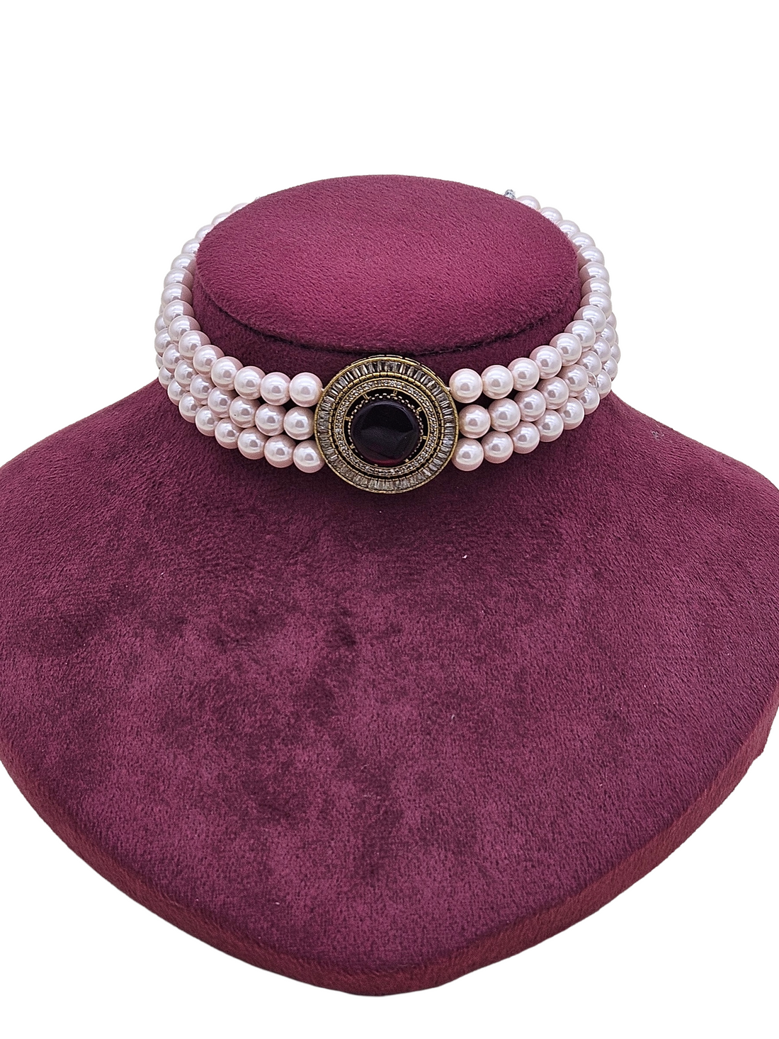 Awesome Antique Gold Plated AD-Red Glass Stone-Pearl Choker Necklace