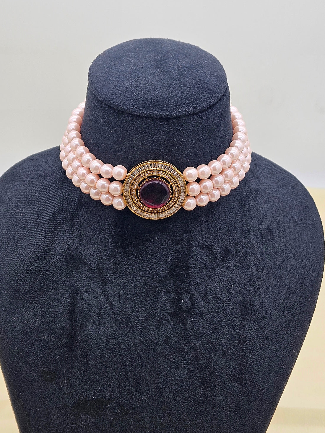 Awesome Antique Gold Plated AD-Red Glass Stone-Pearl Choker Necklace