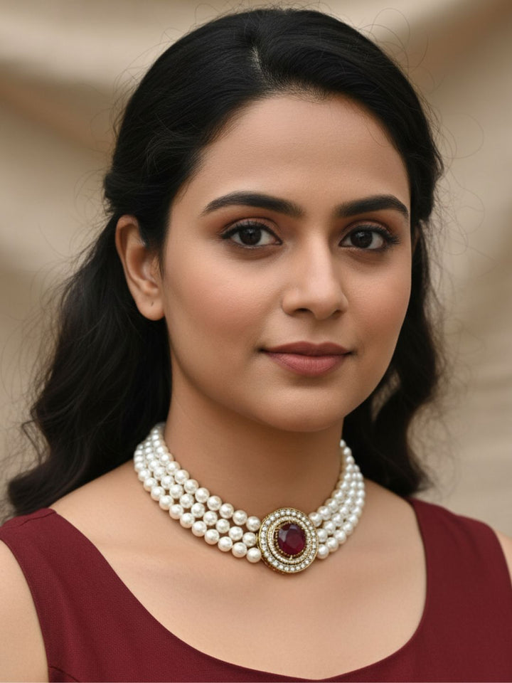 Awesome Antique Gold Plated AD-Red Glass Stone-Pearl Choker Necklace