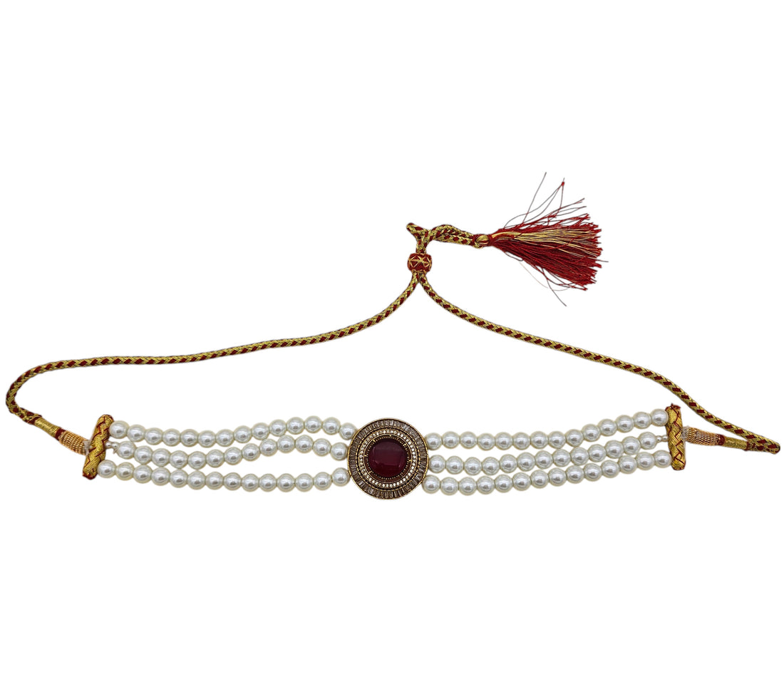 Antique-style choker necklace featuring American diamond shine, red synthetic stones, and delicate pearl accents
