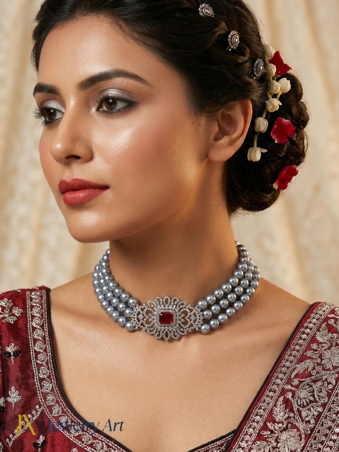 Antique silver plated red stone pearl choker necklace traditional jewelry
