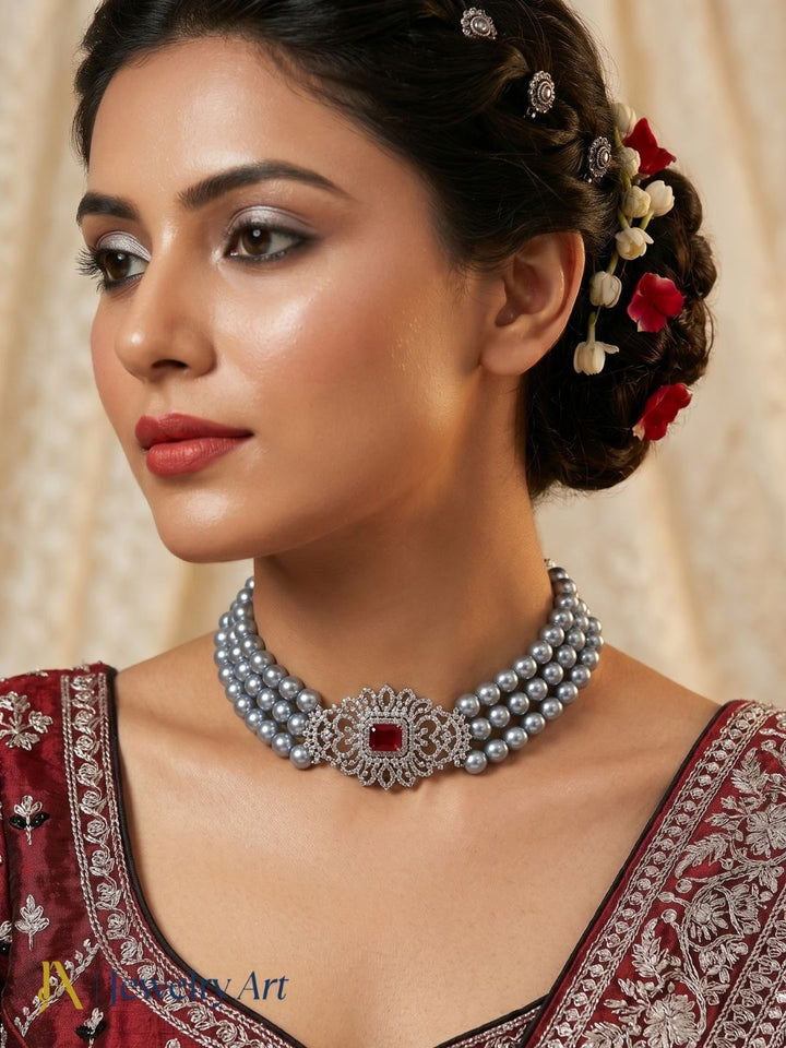 Antique silver plated red stone pearl choker necklace traditional jewelry
