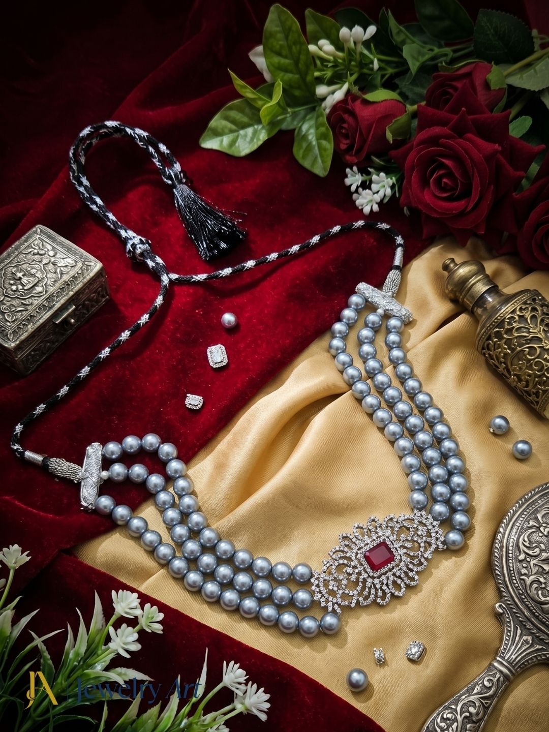 Charming Antique Silver Plated AD-Red Synthetic Stone-Pearl Choker Necklace