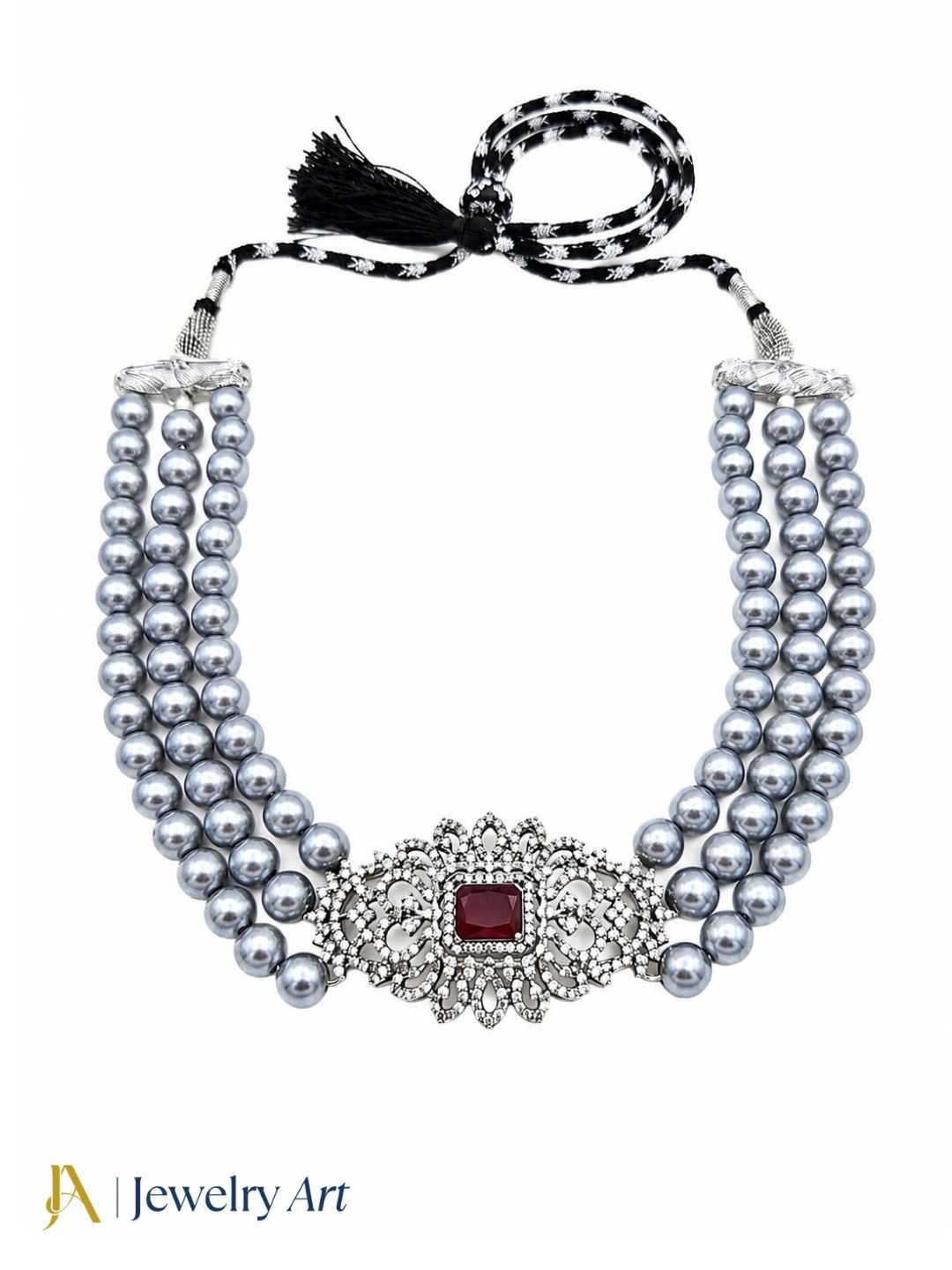 Charming Antique Silver Plated AD-Red Synthetic Stone-Pearl Choker Necklace
