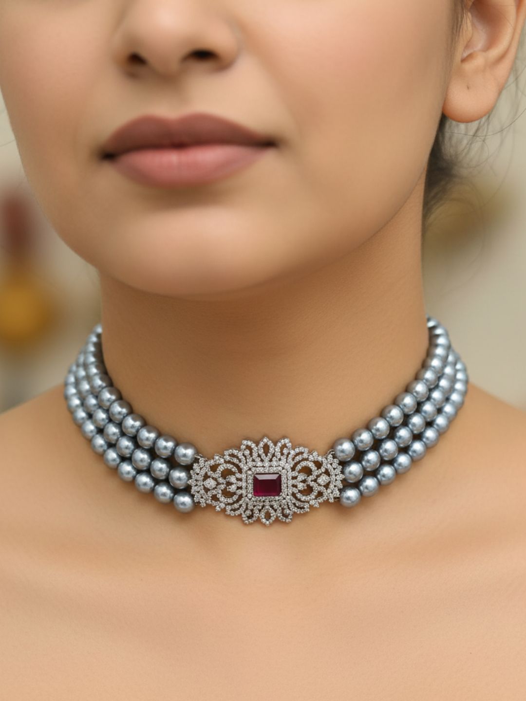 Charming Antique Silver Plated AD-Red Synthetic Stone-Pearl Choker Necklace