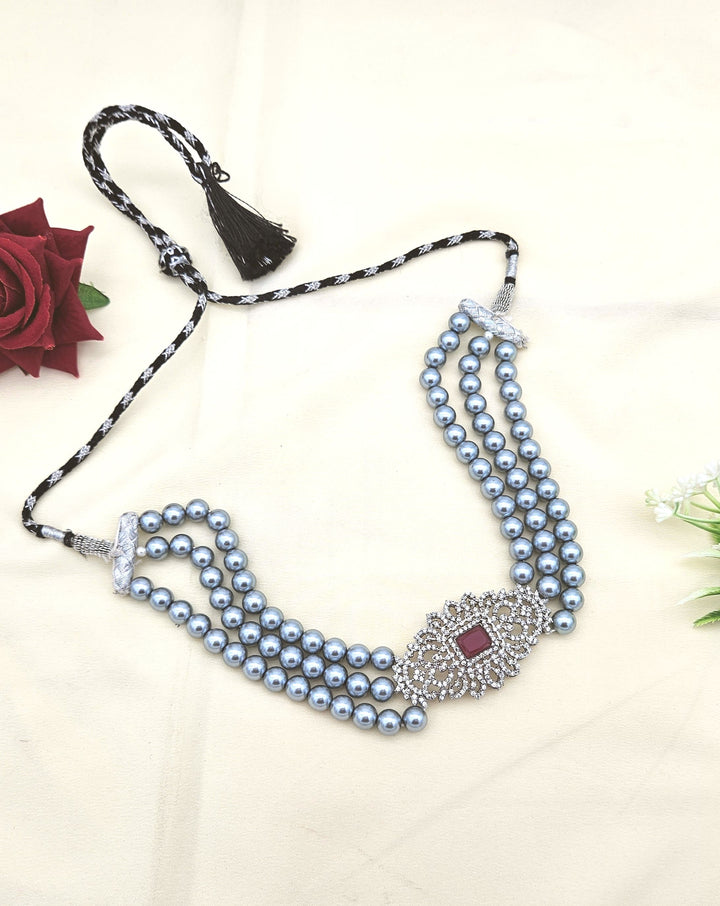 Antique silver plated choker necklace with AD stones, red synthetic gems, and classic pearl elements
