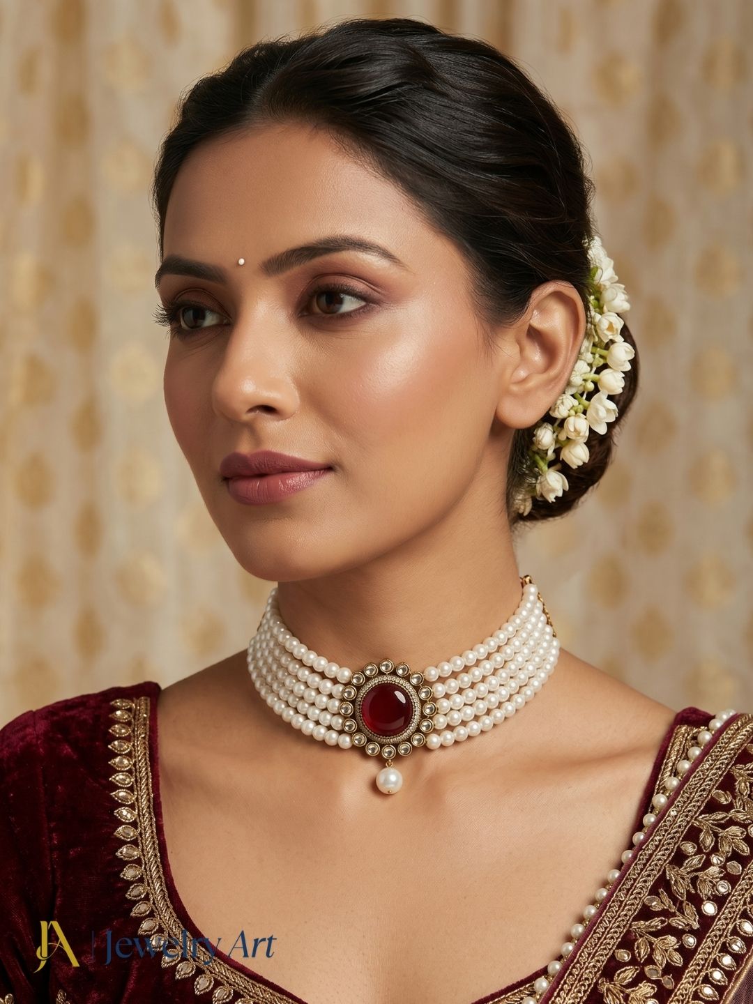 Traditional pearl choker necklace with antique gold plated polky craftsmanship
