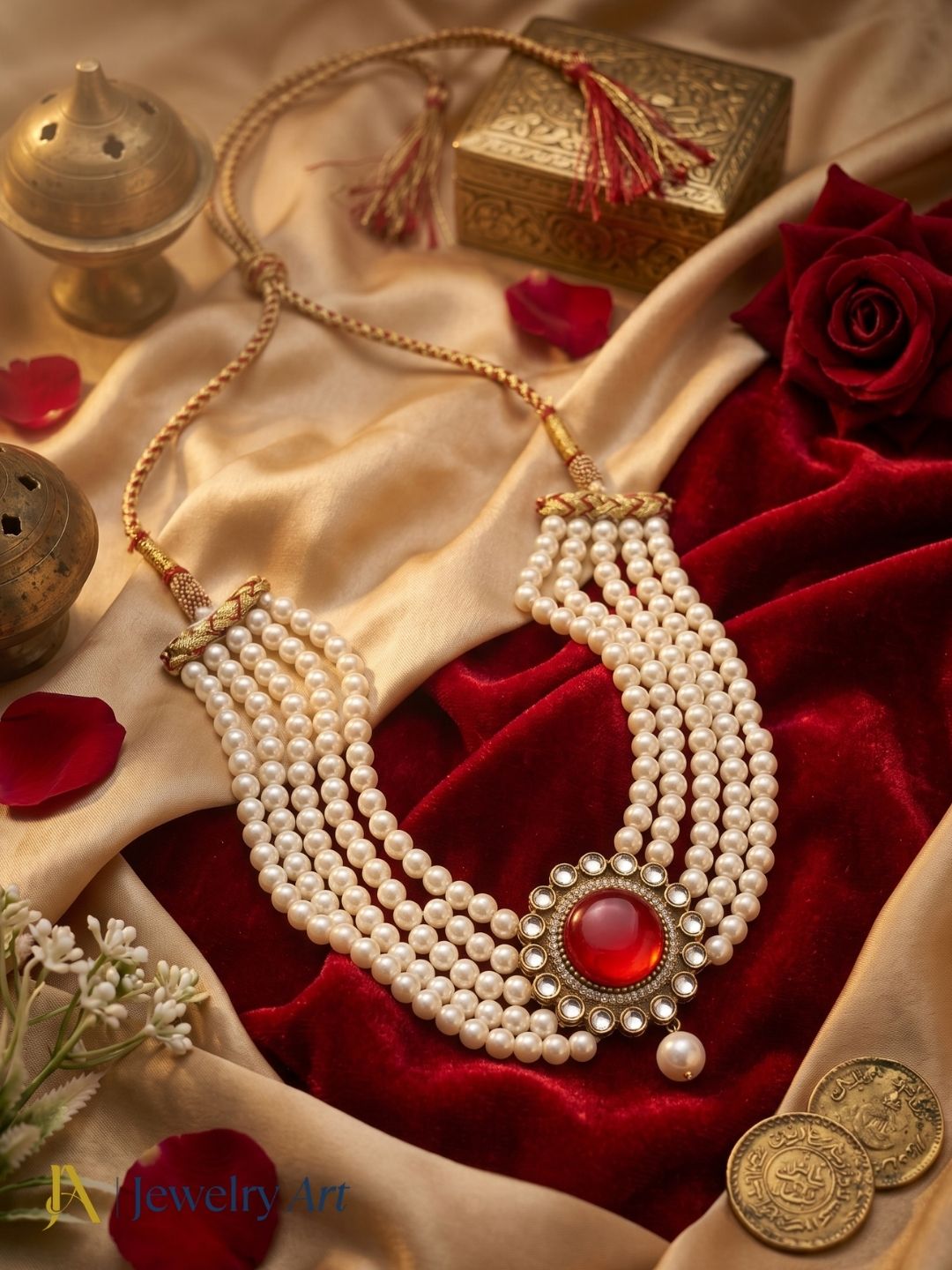 Amazing Antique Gold Plated AD-Synthetic Polky-Red Stone-Pearl Choker Necklace