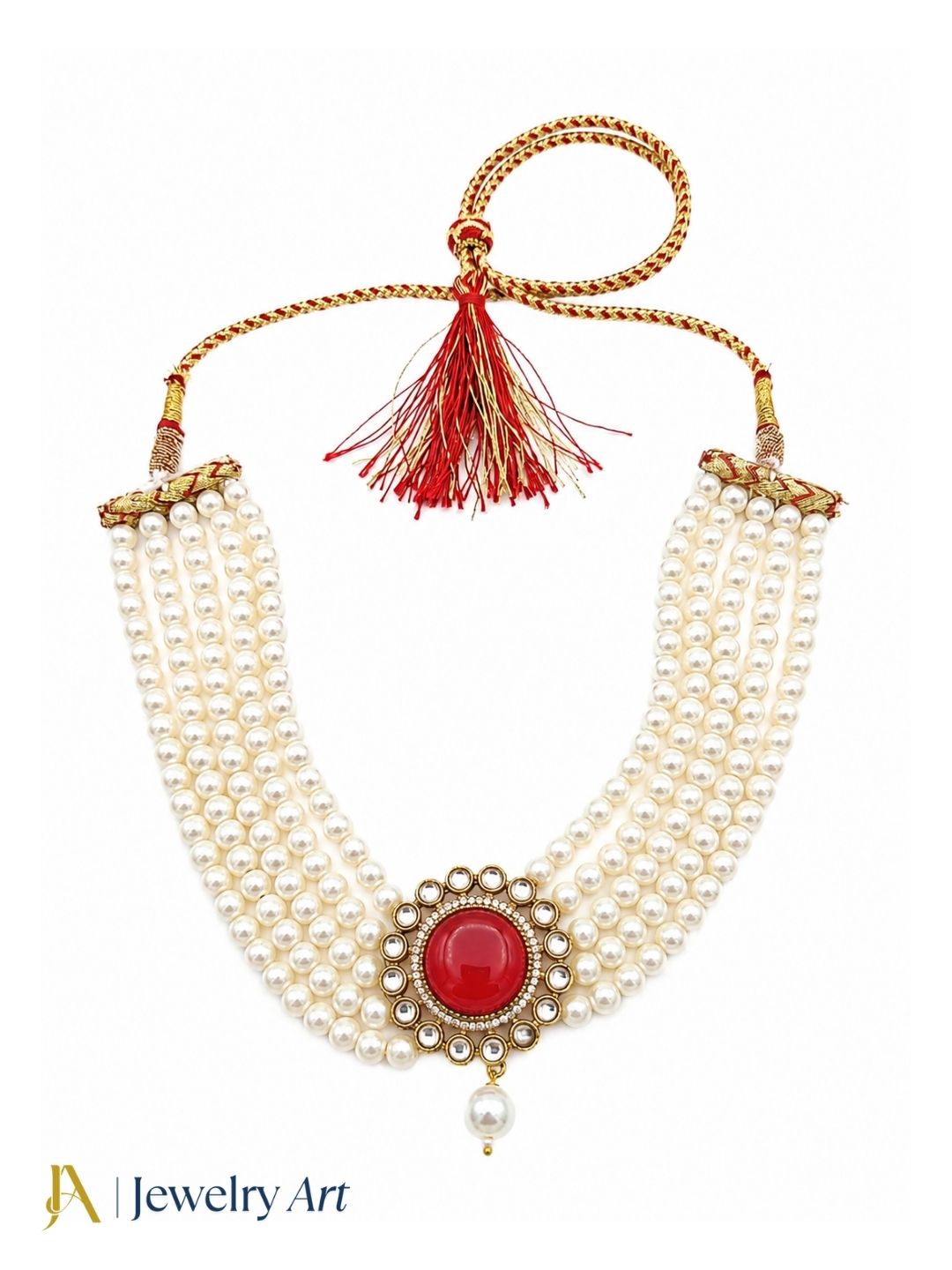Amazing Antique Gold Plated AD-Synthetic Polky-Red Stone-Pearl Choker Necklace