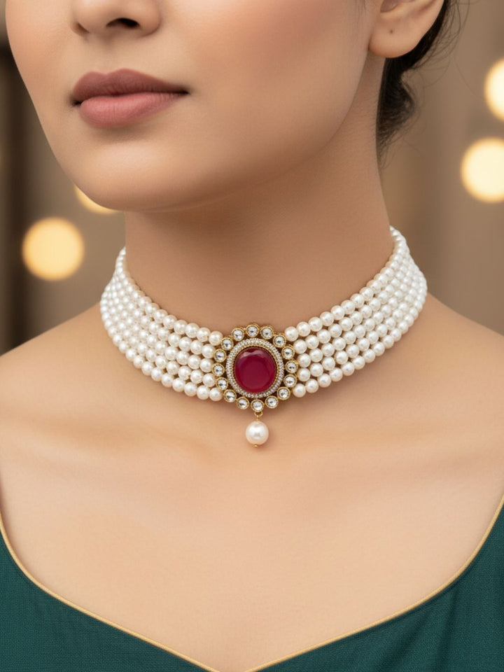 Amazing Antique Gold Plated AD-Synthetic Polky-Red Stone-Pearl Choker Necklace