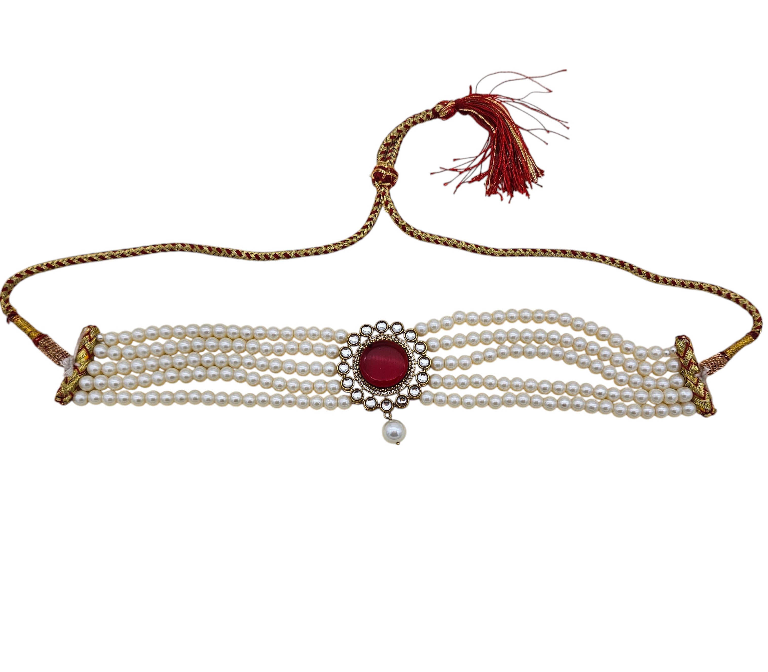 Indian designer choker with synthetic Polky, red stone accents, American diamond sparkle, and pearl drops
