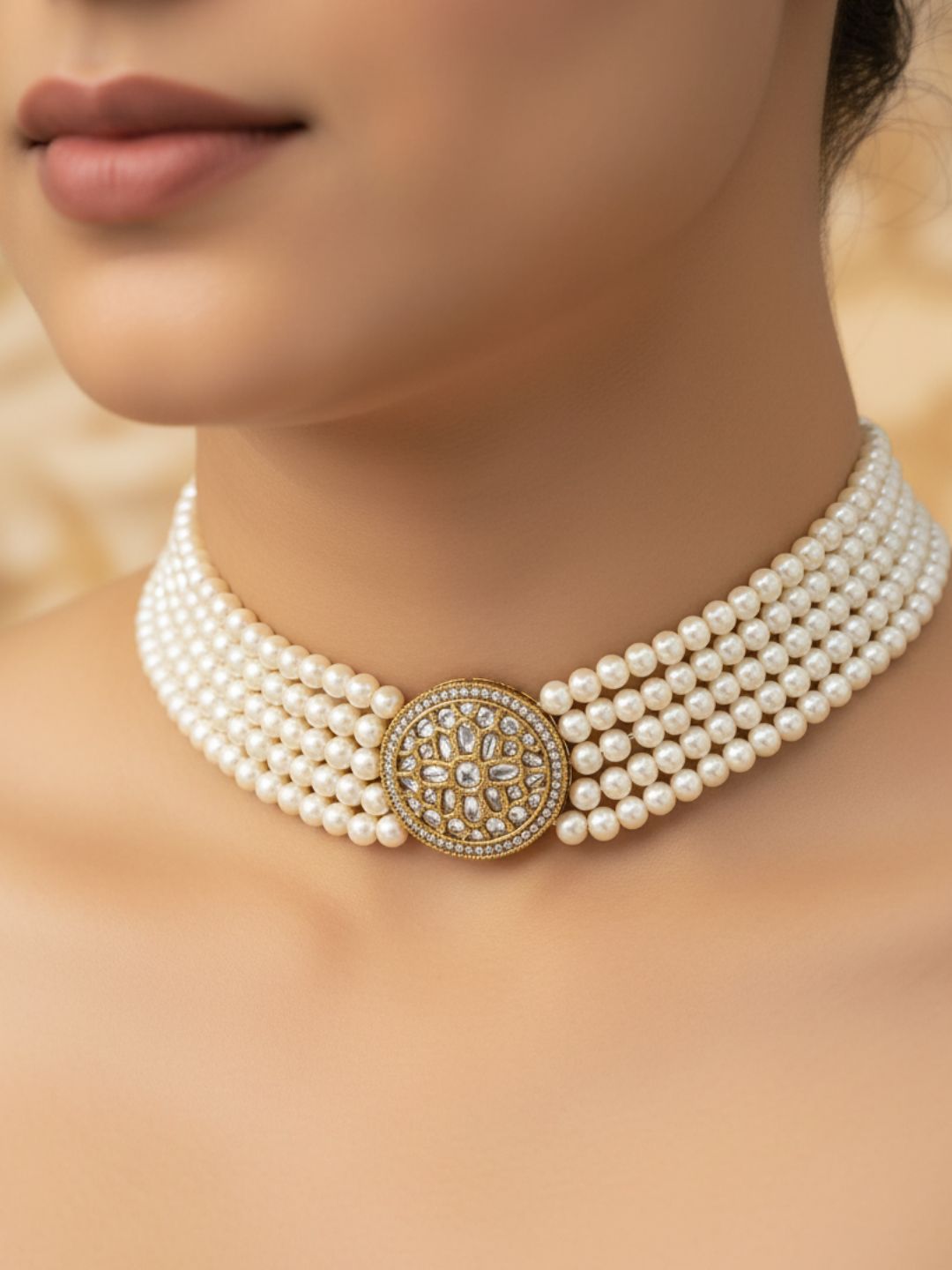 Beautiful Antique Gold AD-Synthetic Polky-Pearl Choker Necklace