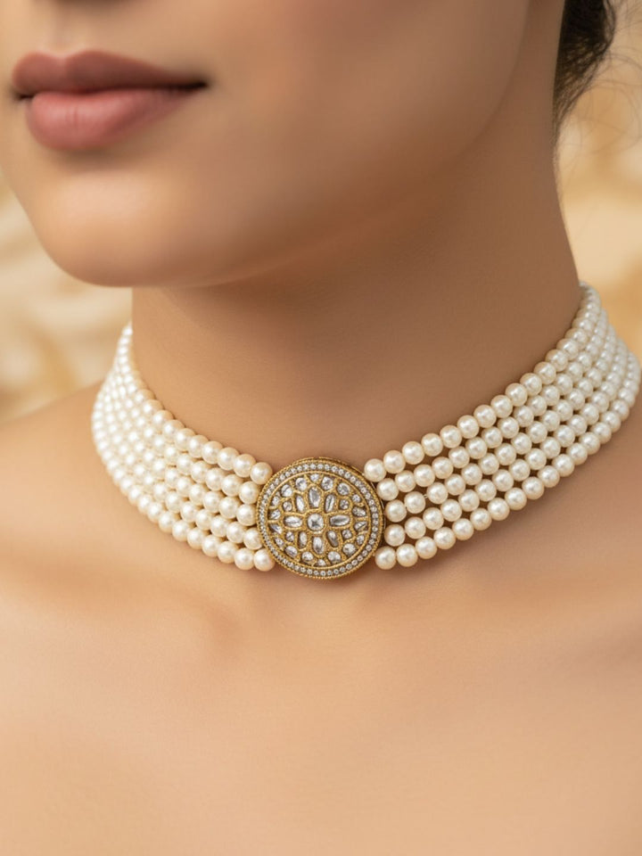 Beautiful Antique Gold AD-Synthetic Polky-Pearl Choker Necklace