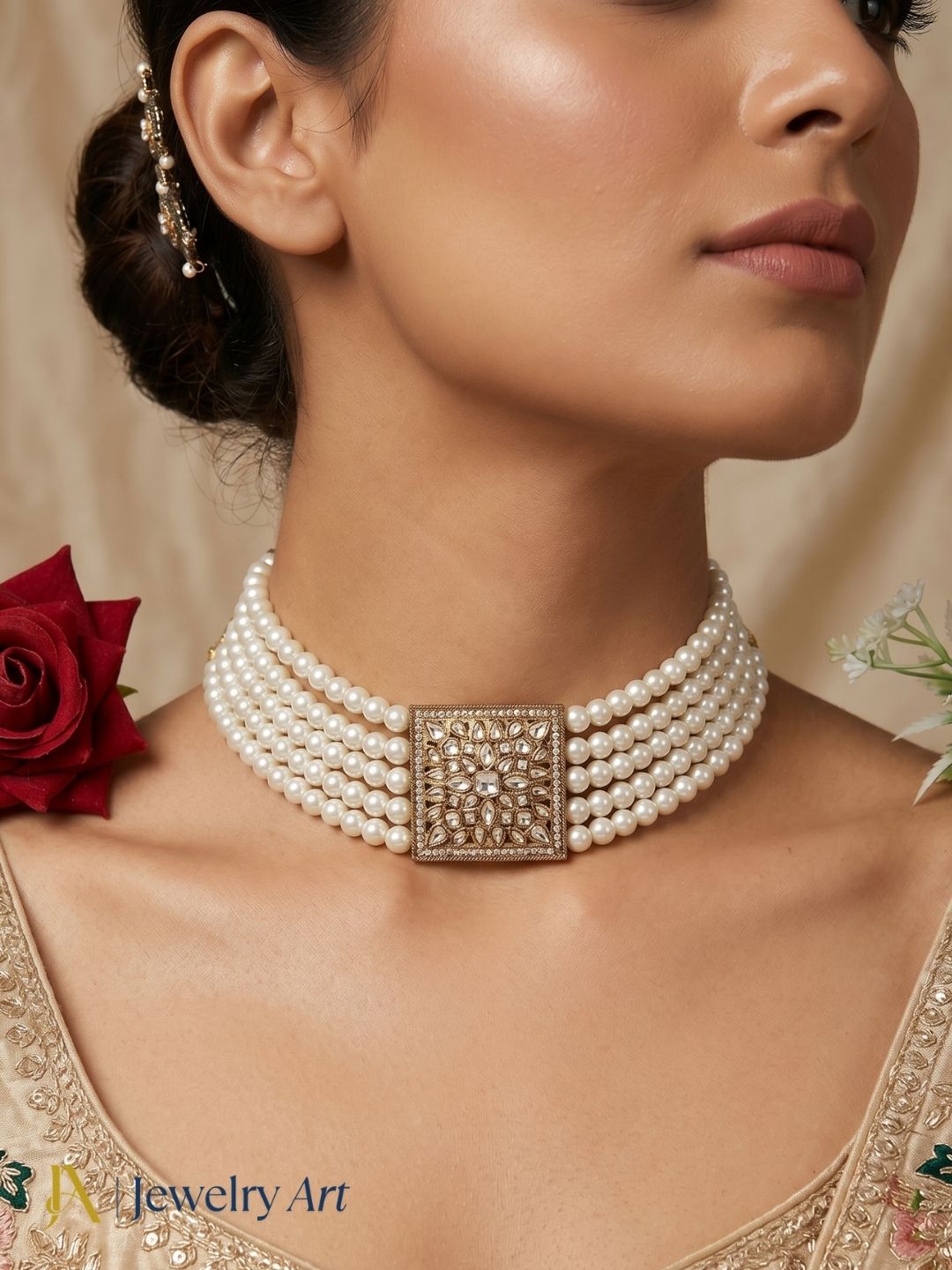 Synthetic polky pearl choker necklace with antique gold finish
