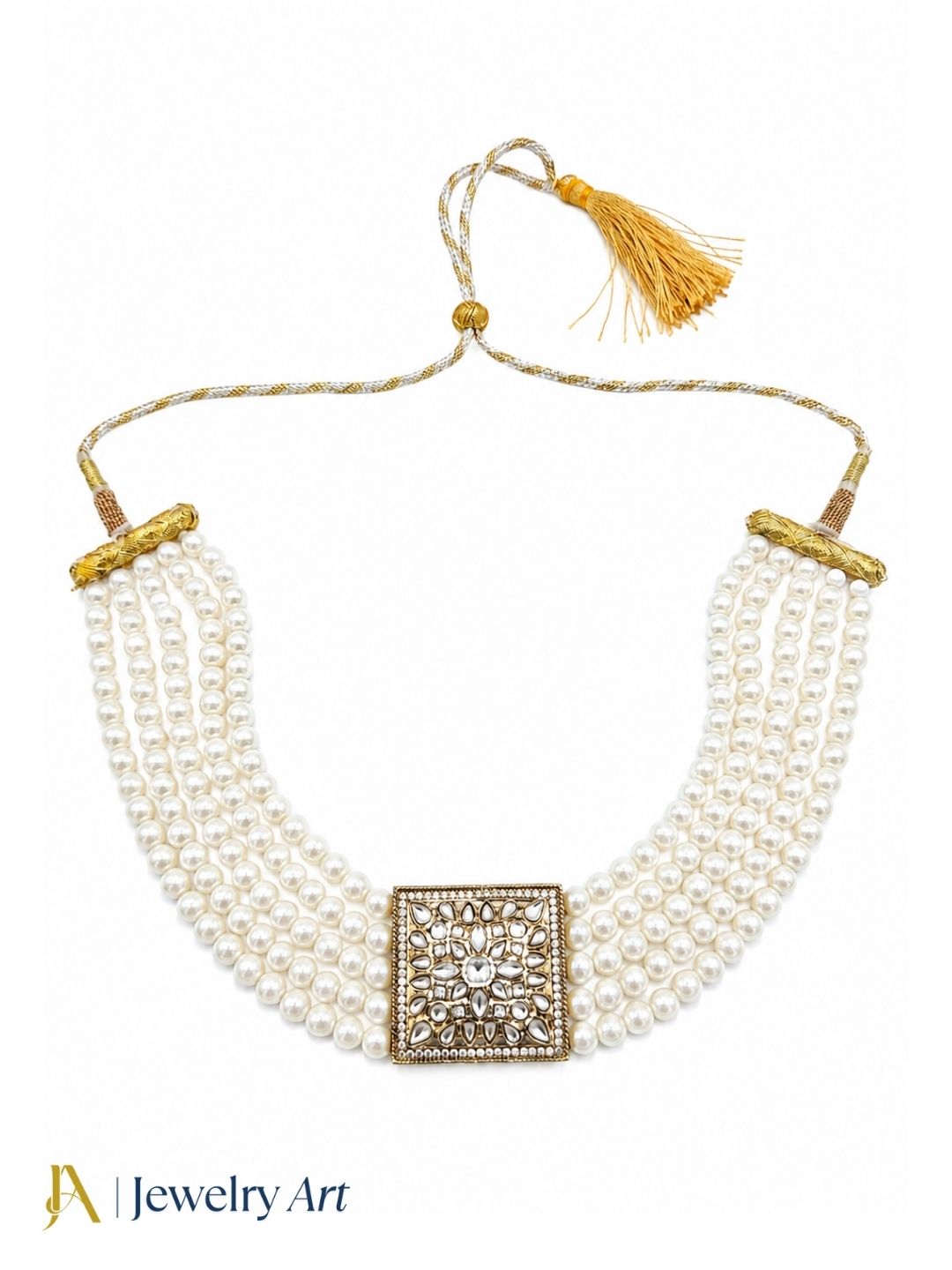 Artistic Antique Gold Plated AD-Synthetic Polky-Pearl Choker Necklace