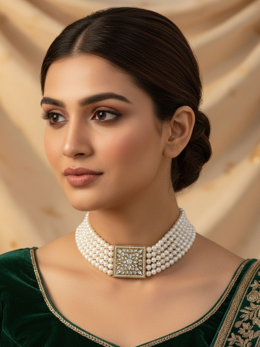 Artistic Antique Gold Plated AD-Synthetic Polky-Pearl Choker Necklace