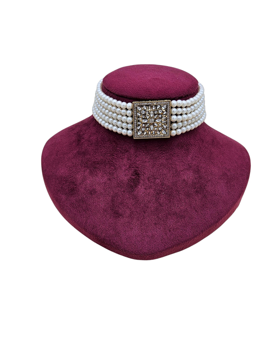 Gold-tone antique style choker necklace featuring synthetic Polky, American diamonds, and pearl accents
