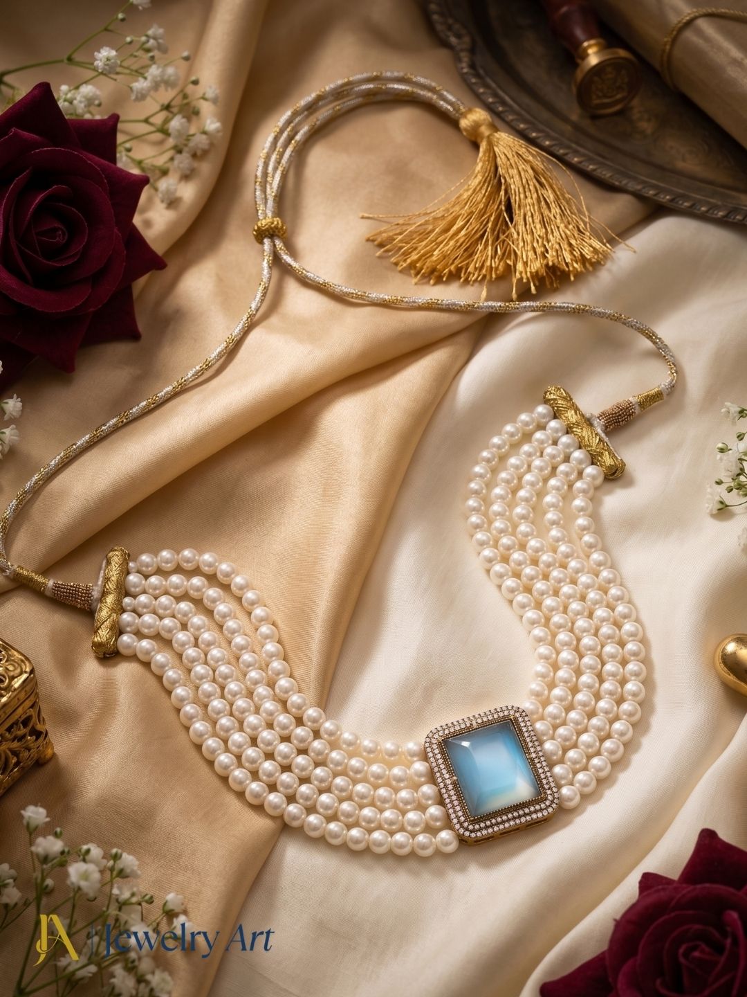 Awesome Antique Gold Plated AD-Monalisa Stone-Pearl Choker Necklace