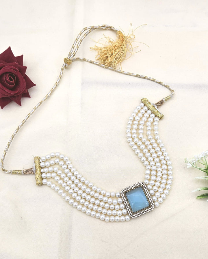 Awesome antique gold plated choker necklace with AD stones, Monalisa gemstones, and pearl detailing
