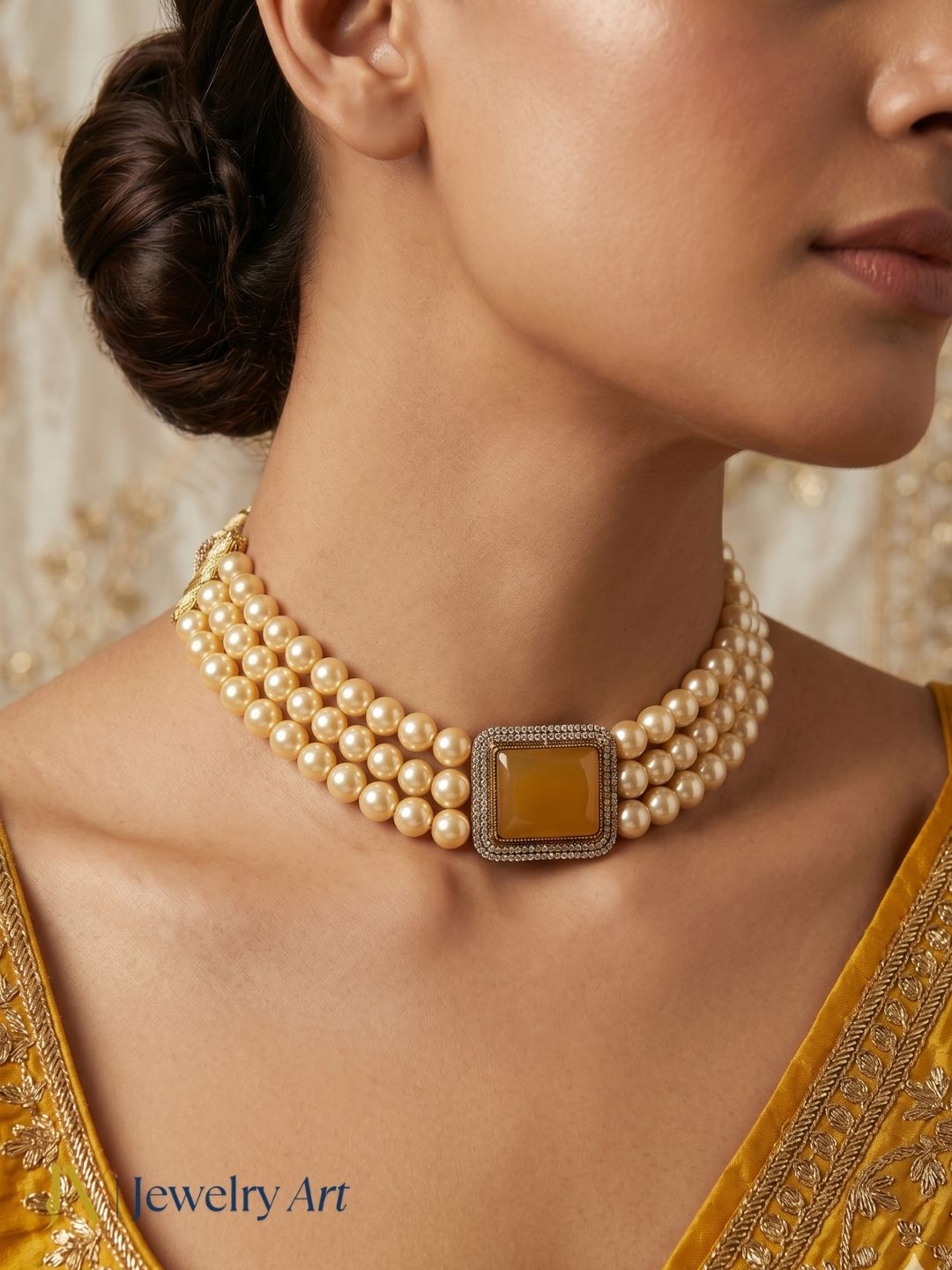 Antique gold plated yellow Monalisa stone pearl choker necklace ethnic jewelry
