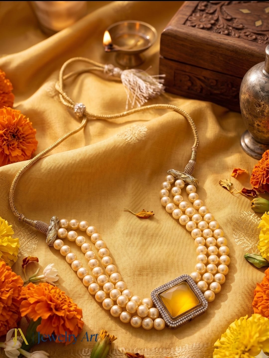 Charming Antique Gold Plated AD-Yellow Monalisa Stone-Pearl Choker Necklace