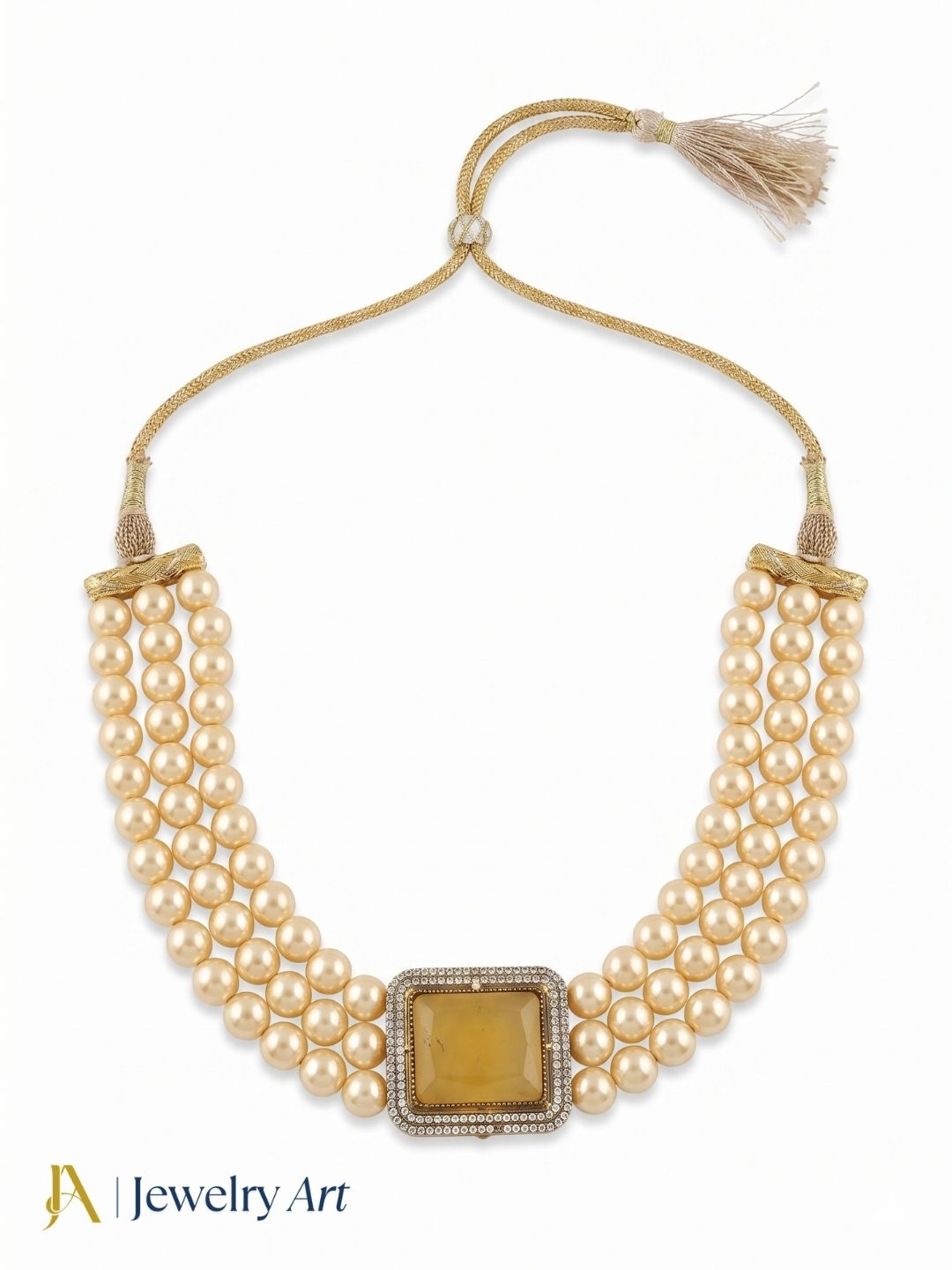 Charming Antique Gold Plated AD-Yellow Monalisa Stone-Pearl Choker Necklace