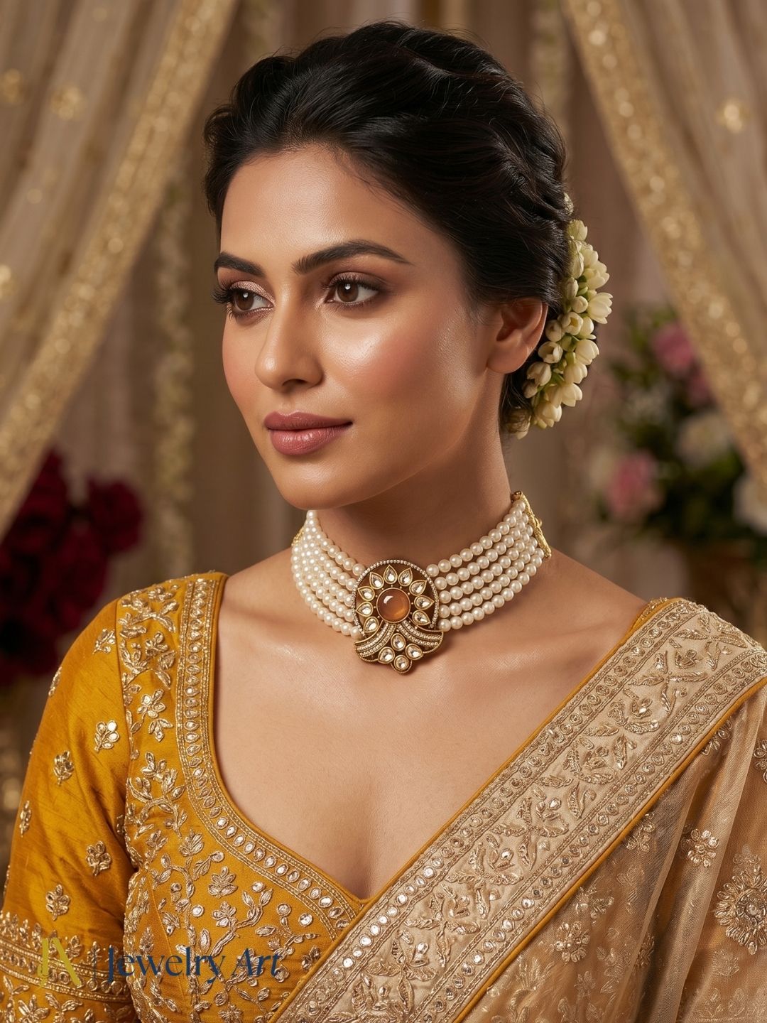 Yellow onyx pearl choker necklace with antique gold faux kundan polky design
