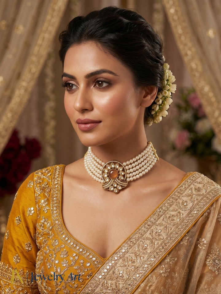 Yellow onyx pearl choker necklace with antique gold faux kundan polky design
