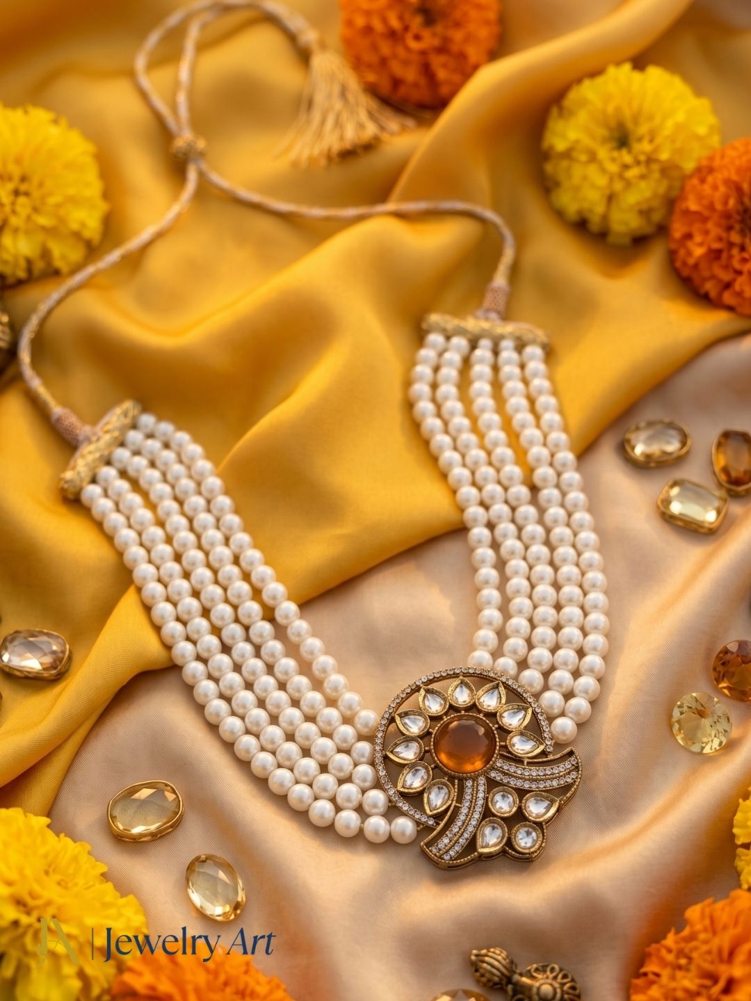 Stunning  Antique Gold Plated AD-Faux Kundan- Polky-Yellow Onyx -Pearl Choker Necklace
