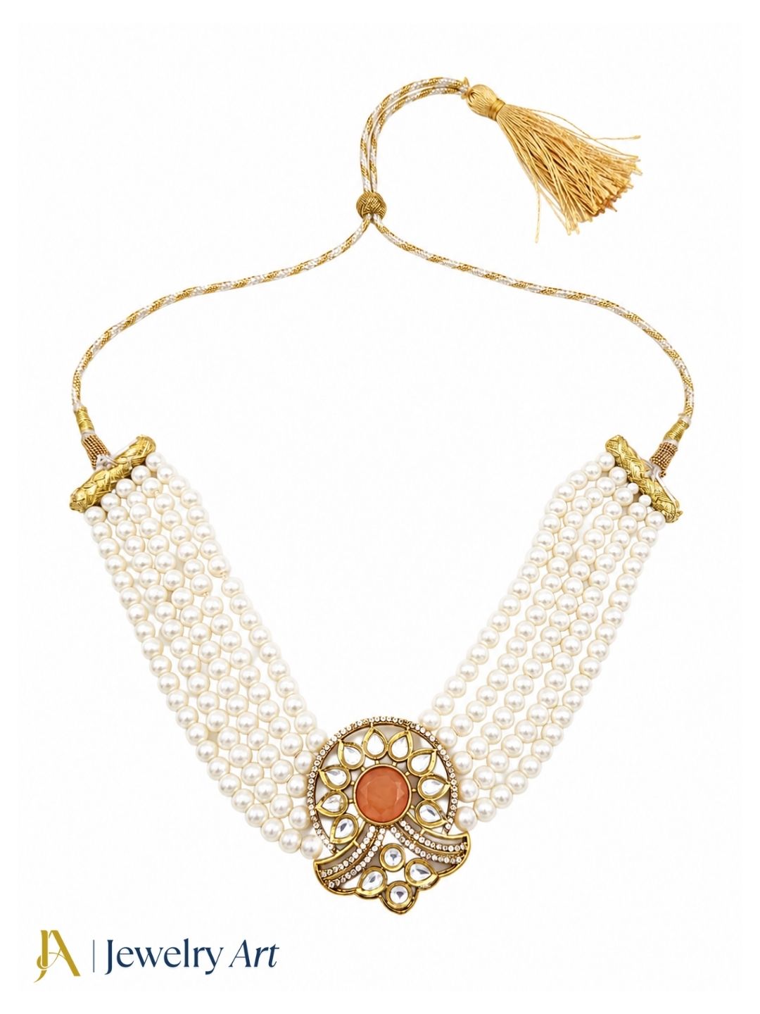 Stunning  Antique Gold Plated AD-Faux Kundan- Polky-Yellow Onyx -Pearl Choker Necklace