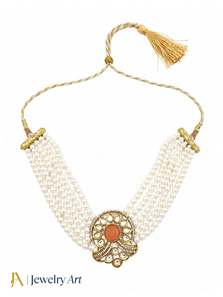 Stunning  Antique Gold Plated AD-Faux Kundan- Polky-Yellow Onyx -Pearl Choker Necklace