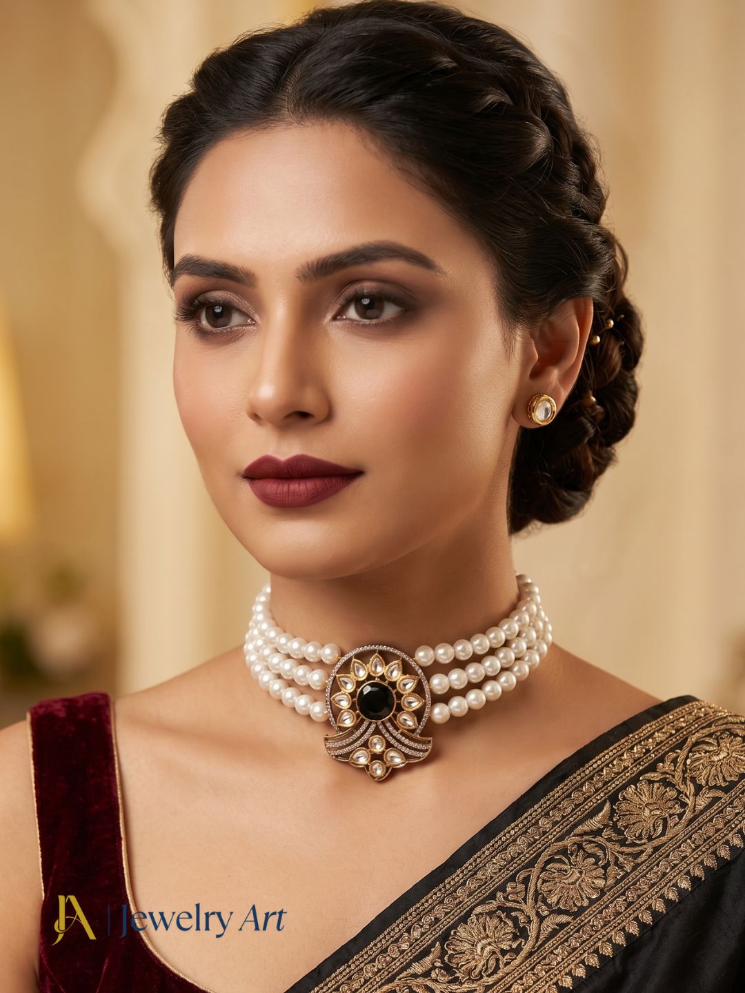 Premium ethnic choker necklace with faux kundan polky and black onyx detailing
