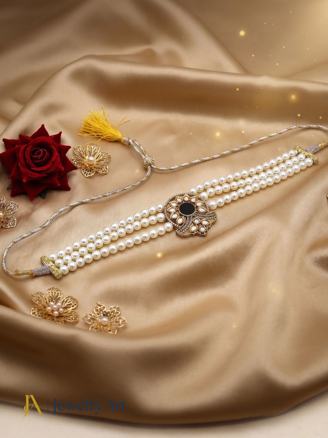 Premium ethnic choker necklace with faux kundan polky and black onyx detailing
