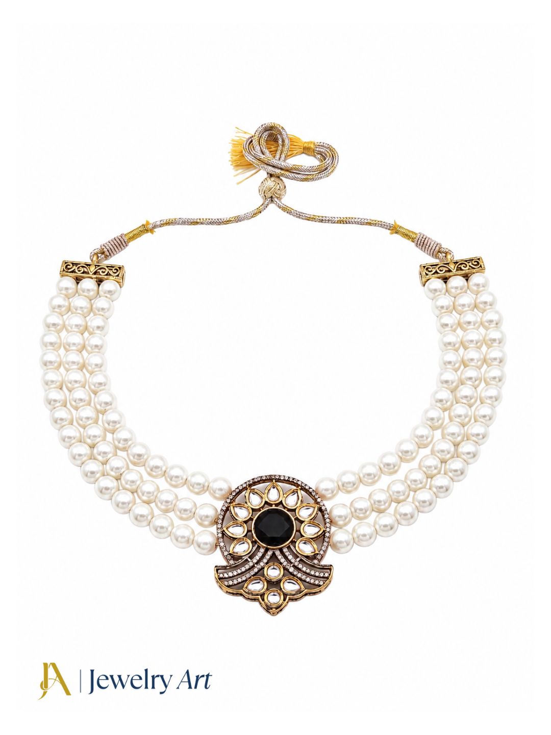 Premium ethnic choker necklace with faux kundan polky and black onyx detailing
