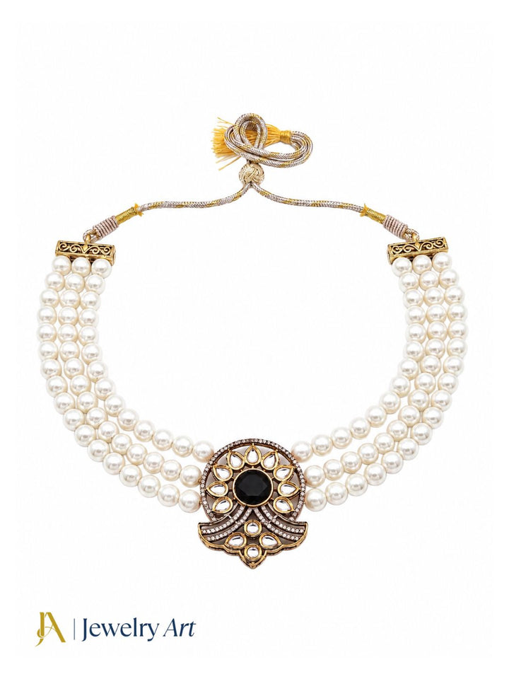 Premium ethnic choker necklace with faux kundan polky and black onyx detailing
