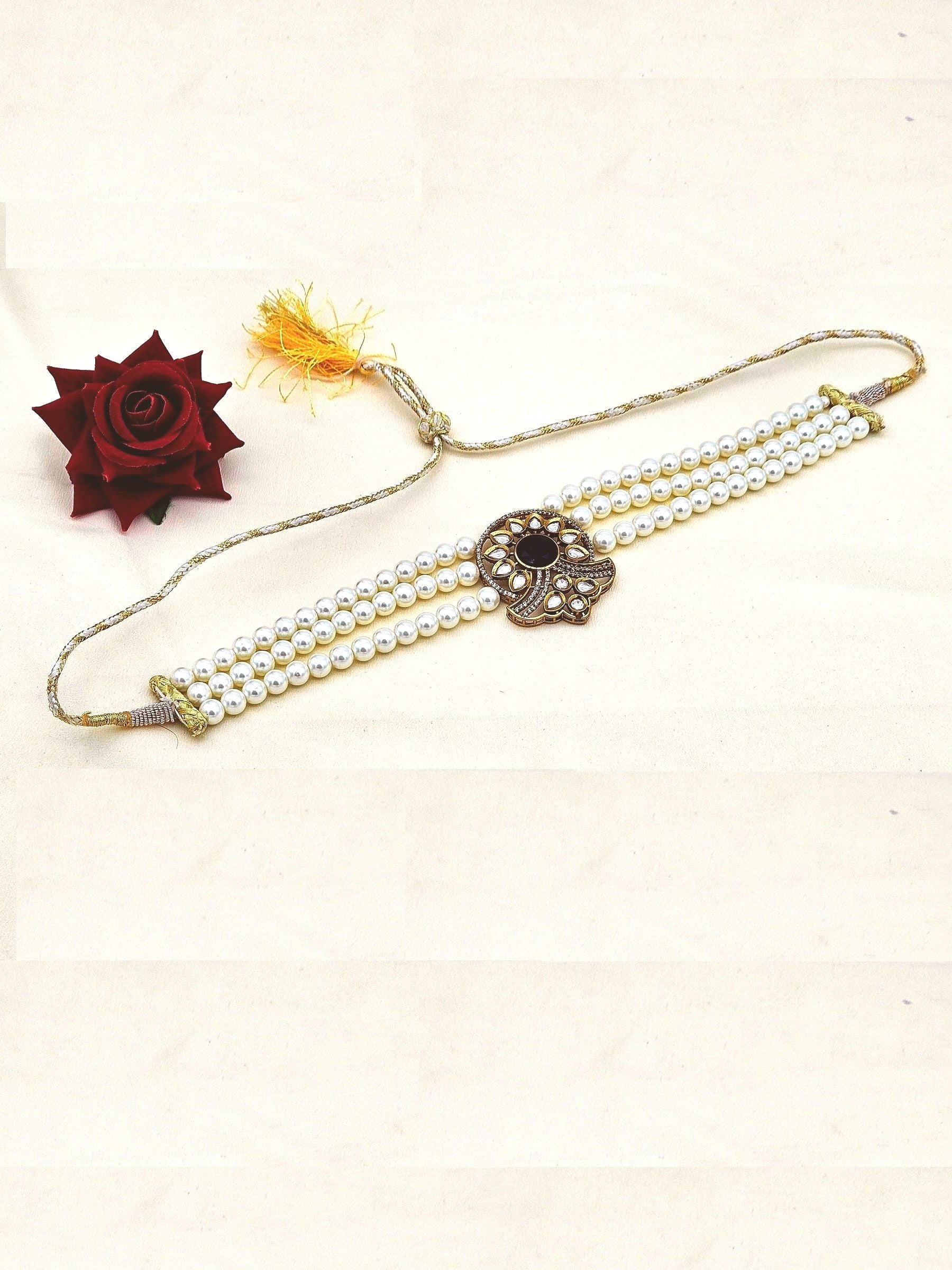 Stunning  Antique Gold Plated AD-Faux Kundan- Polky-Black Onyx -Pearl Choker Necklace