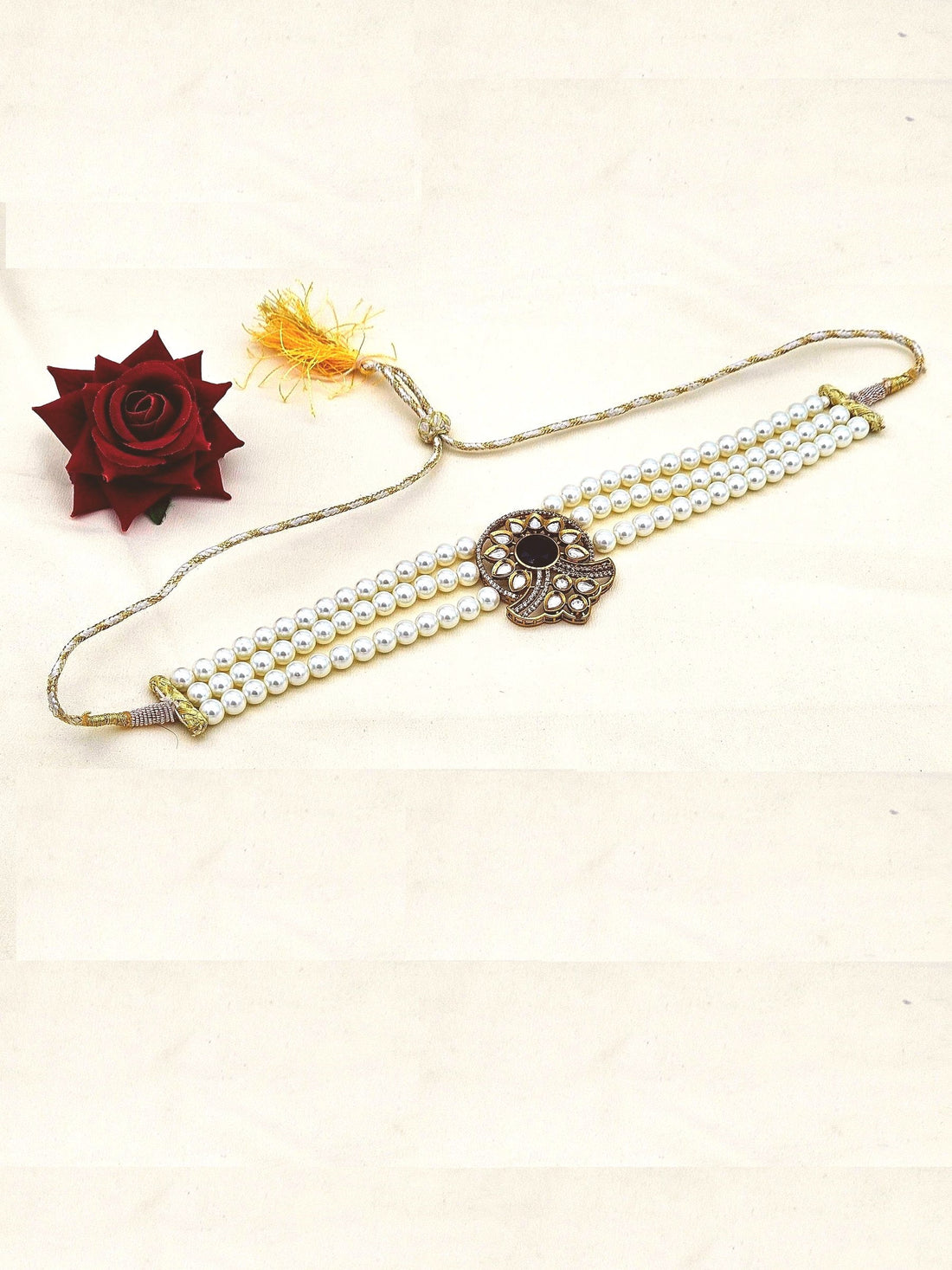 Stunning  Antique Gold Plated AD-Faux Kundan- Polky-Black Onyx -Pearl Choker Necklace