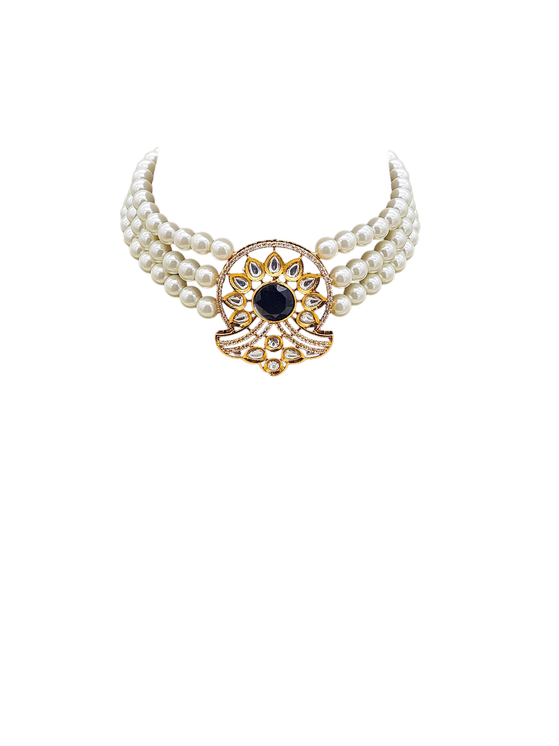 Stunning  Antique Gold Plated AD-Faux Kundan- Polky-Black Onyx -Pearl Choker Necklace