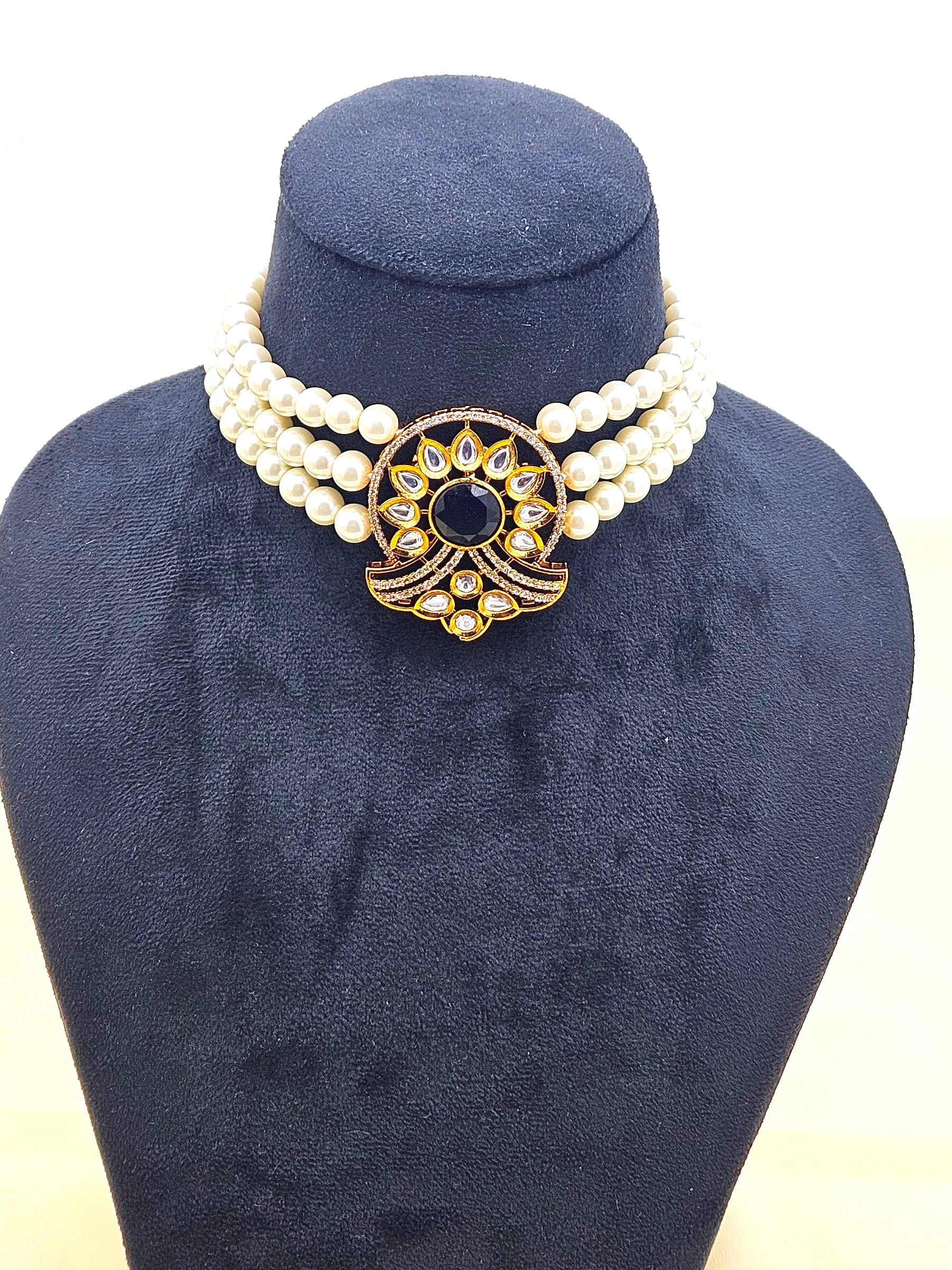 Stunning  Antique Gold Plated AD-Faux Kundan- Polky-Black Onyx -Pearl Choker Necklace