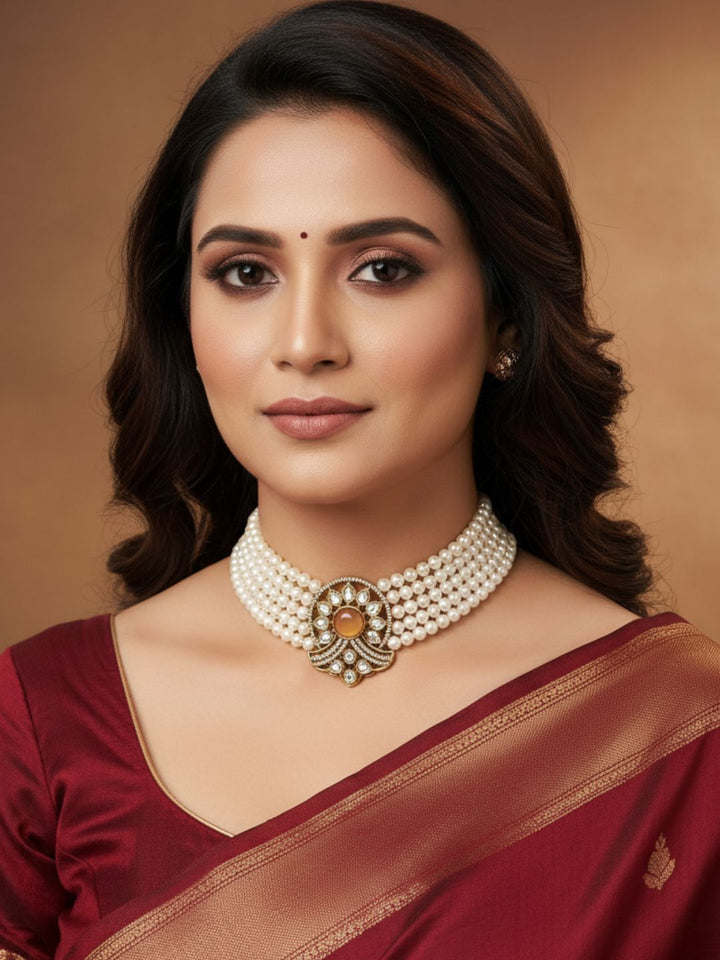 Stunning  Antique Gold Plated AD-Faux Kundan- Polky-Yellow Onyx -Pearl Choker Necklace