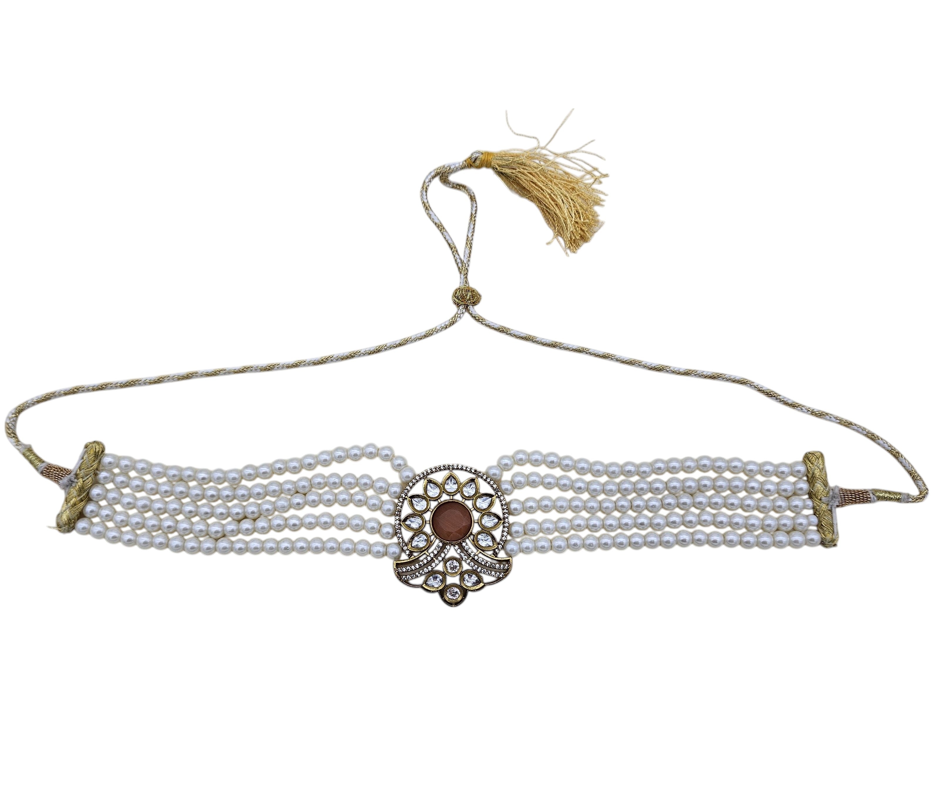 Gold finish choker necklace featuring synthetic Polky, yellow Monalisa stones, American diamonds, and pearl accents
